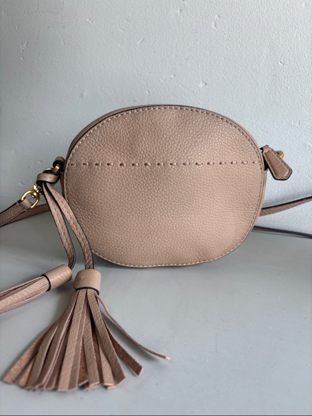 Tory Burch McGraw Blush Beige Pebbled Leather Tassel Crossbody - Picture 4 of 10